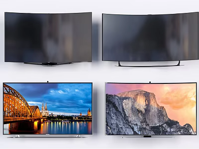 Modern Curved and Flat Screen Televisions With Scenic Landscapes and City Views 3d model