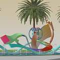 Colorful Landscape Sculpture Featuring Various Shapes Palm Trees Fountains And Green Lawn In Outdoor Park