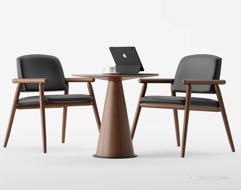 Modern Wooden Table And Leather Chair Set With Laptop On Office Desk 3d model 