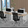 Modern Office Desk Setup With Multiple Monitors Ergonomic Chairs Green Plant And City View