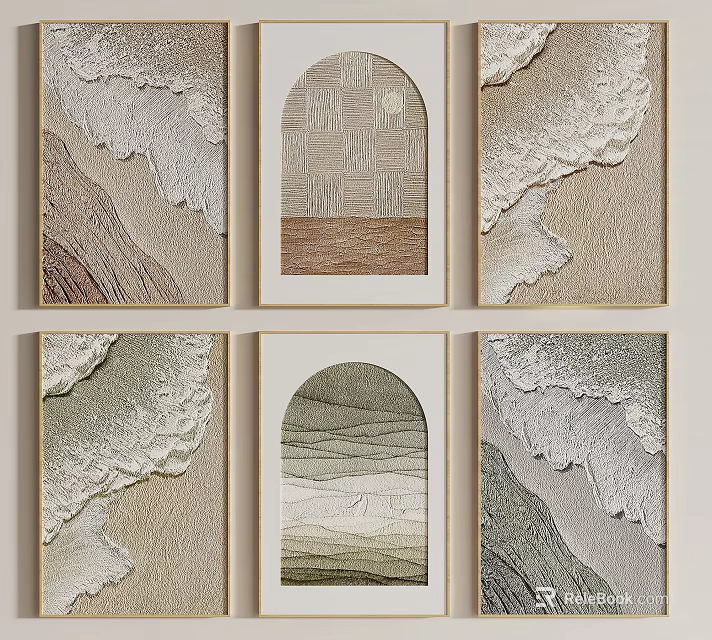 Abstract Wall Art Decorative Paintings With Wave Texture And Geometric Patterns In Golden Frames 3d model