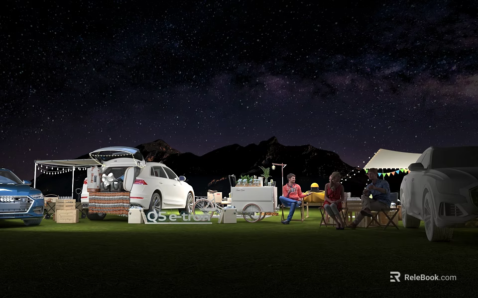 Garden Landscape With Starry Night Sky Mountains Lawn Camping Van Tent And String Lights 3d model 