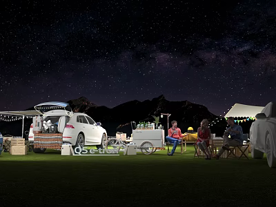 Garden Landscape With Starry Night Sky Mountains Lawn Camping Van Tent And String Lights 3d model