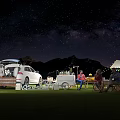 Garden Landscape With Starry Night Sky Mountains Lawn Camping Van Tent And String Lights