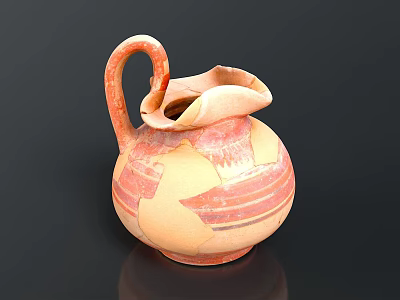 Pitcher Shaped Ceramic Sculpture With Curved Handle Striped Design And Beige Orange Hues 3d model