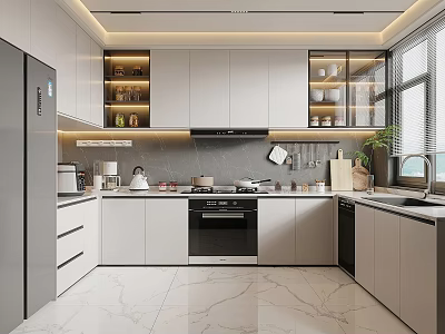 Modern Kitchen Interior Design With White Cabinets Black Stove Marble Countertops And Appliances 3d model