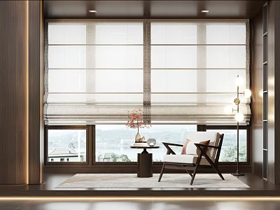 White Window Curtains For Living Room With Scenic View And Interior Furniture Setup 3d model