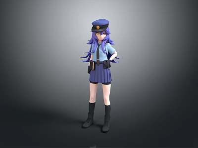 Child Cartoon Character In Police Uniform With Purple Hair And Blue Outfit 3d model