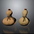 Two Decorative Gourd Shaped Furniture Pieces With Red Lids Rope Accents And Brown Beige Hues