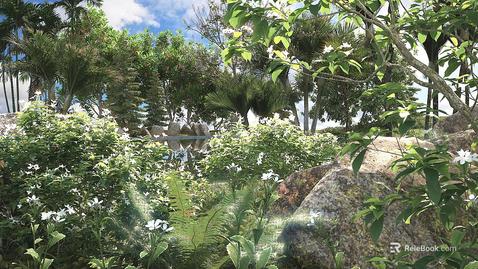 Lush Green Shrubs In Garden Landscape With White Flowers Stones And Sunlight 3d model 