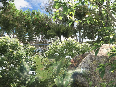 Lush Green Shrubs In Garden Landscape With White Flowers Stones And Sunlight 3d model