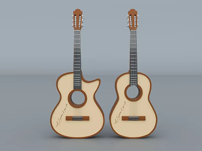 Decorative Ornament Set with Pair of Natural Wood Acoustic Guitars 3d model