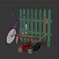 Colorful Outdoor Garden Scene With Green Fence Bicycle Bench Red Lawnmower And Shovel
