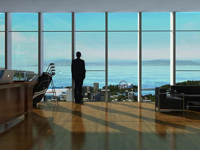 Spacious Office Interior With Large Windows Sea View Cityscape Wooden Flooring Person Standing By Window 3d model