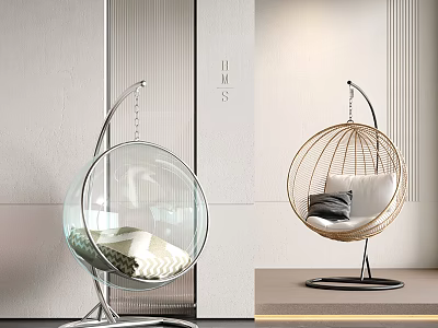 Modern Hanging Chairs with Glass Rattan Design Metal Stand and Soft Cushion 3d model