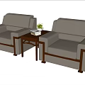 Gray Leisure Sofa Set With Wooden Arms And Coffee Table With Books And Potted Plant