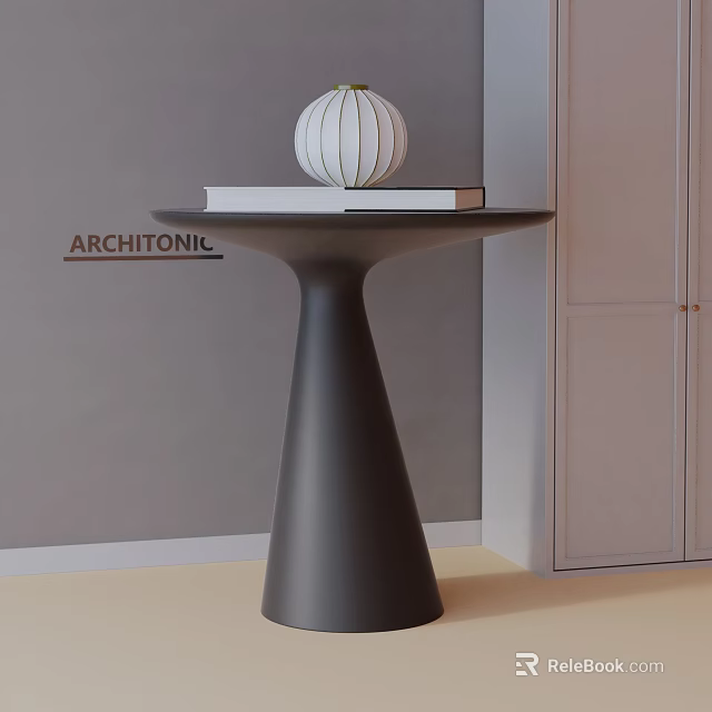Modern Black Side Table with Conical Base Topped with Books and White Spherical Decor 3d model 