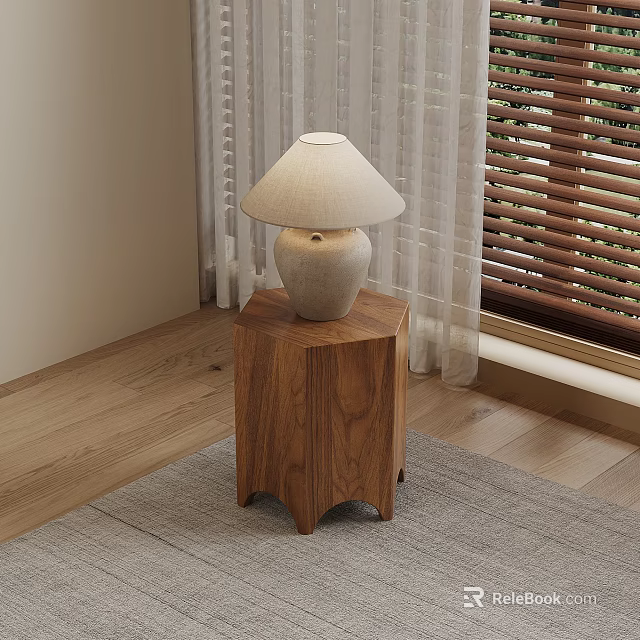 Walnut Wood Side Table With Unique Base Design And Lamp On Top 3d model