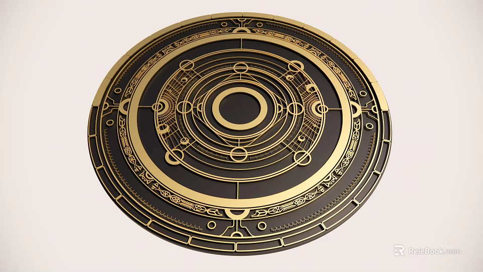 Intricate Circular Sculpture With Ornate Ring Patterns Gold And Black Color Scheme And Decorative Lines 3d model 