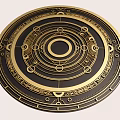 Intricate Circular Sculpture With Ornate Ring Patterns Gold And Black Color Scheme And Decorative Lines