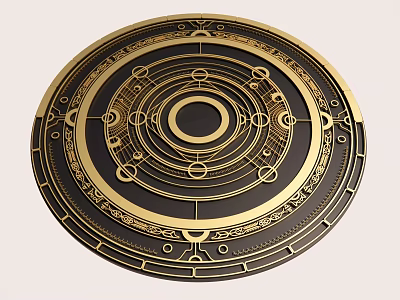 Intricate Circular Sculpture With Ornate Ring Patterns Gold And Black Color Scheme And Decorative Lines 3d model