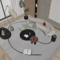 Modern Curved Sofa And Round Coffee Table Set With Gray Rug Accent Chair And Decorative Items