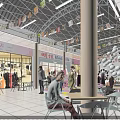 Bright Shopping Mall Lobby Interior With Colorful Banners Storefronts Seating Area Wooden Pillars And Lighting