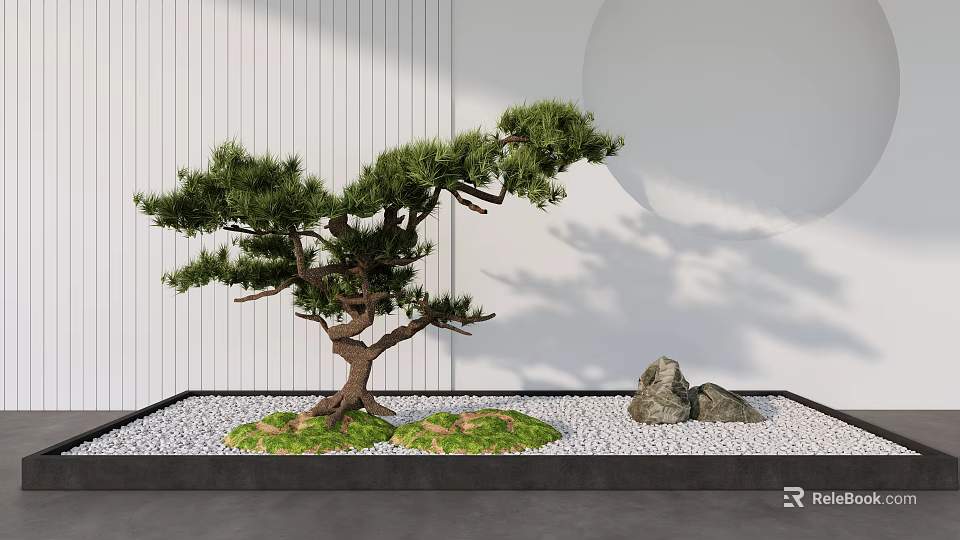 Stylish Garden Ornament Featuring Styled Pine Tree Rocks White Pebbles And Vertical Striped Wall 3d model 