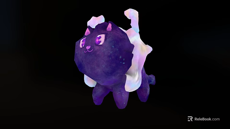 Purple Starry Cat Like Game Movie Character With Glowing Eyes And White Ribbon Wings 3d model 