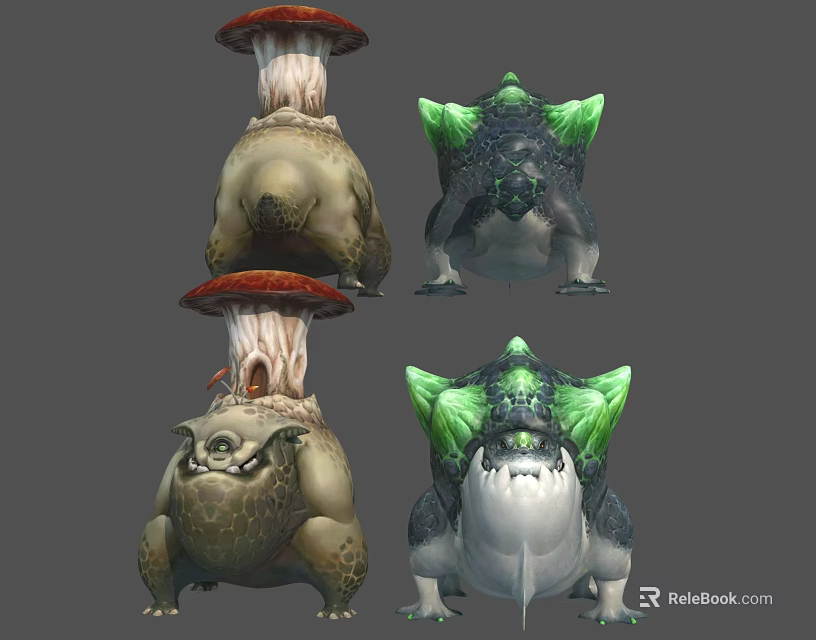 Fantasy Characters And Mythical Creatures With Mushroom Caps Green Backs And Various Forms 3d model 