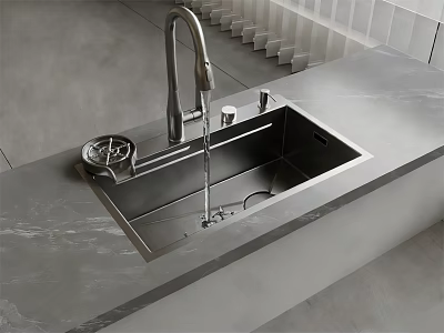 Modern Kitchen Stainless Steel Sink With Faucet Drainer And Gray Countertop 3d model