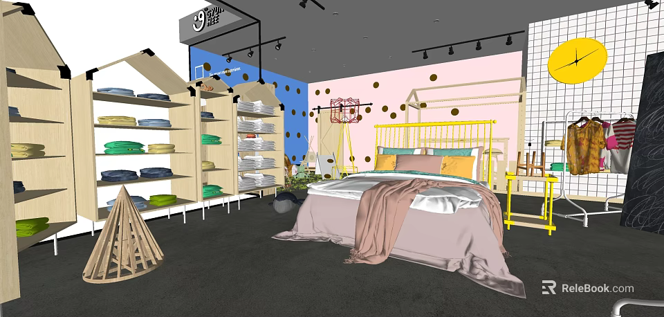 Modern Apparel Boutique With Yellow Bed Shelves Folded Clothes And Blue Pink Walls 3d model 