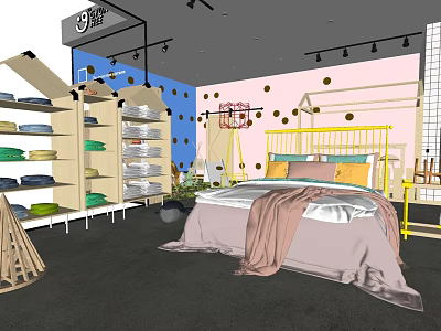 Modern Apparel Boutique With Yellow Bed Shelves Folded Clothes And Blue Pink Walls 3d model