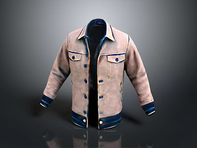 Light Beige Jacket with Blue Collar Cuffs Trim and Front Pockets Simple Casual Design 3d model