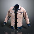 Light Beige Jacket with Blue Collar Cuffs Trim and Front Pockets Simple Casual Design