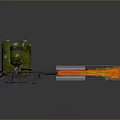 Portable Military Flamethrower Weapon With Green Fuel Tanks Emitting Flaming Orange Jet