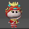 Cute 3D Cartoon Character Wearing Red Yellow Dragon Headgear With Blue Accents And Scarf Outfit