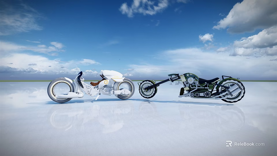 Two White and Black Motorcycles Parked on White Ground Under Blue Sky With White Clouds 3d model 