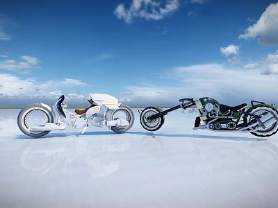 Two White and Black Motorcycles Parked on White Ground Under Blue Sky With White Clouds 3d model