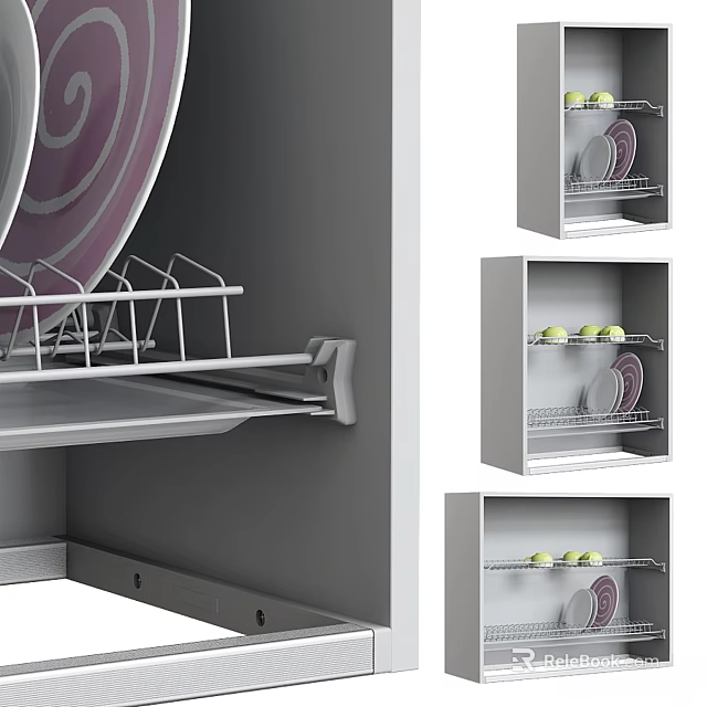 Practical Modern Kitchen Dish Rack With Purple Plates Green Lemons And Silver Metal Storage 3d model 