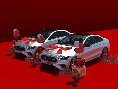 White Cars With Red Bows Balloons And Gift Boxes On Red Carpet Celebration Setup 3d model
