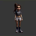 Cartoon Girl 3D Character With Brown Ponytail Gray Crop Top White Shorts And Sneakers