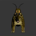 Triceratops Standing On Dark Surface With Yellow Brown Striped Body Horns Frill And Open Mouth