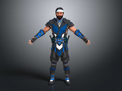 Game Movie Character in Blue Black Warrior Armor With Headband and Decorative Costume 3d model