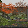 Tranquil Garden Design With Orange Maple Leaves Lush Green Plants Stone Features And Water Basins