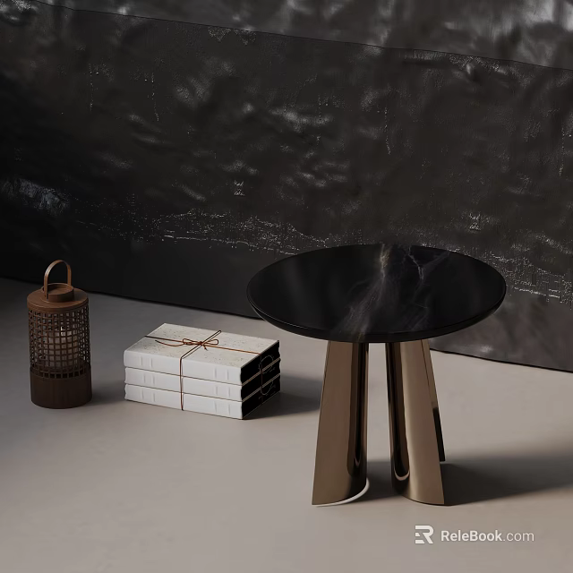 Modern Side Table with Black Marble Top Gold Base alongside Wooden Lantern and Books 3d model 