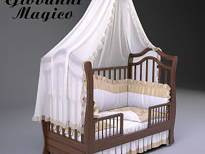Elegant Double Bed With Wooden Frame And White Canopy Cream Decor 3d model