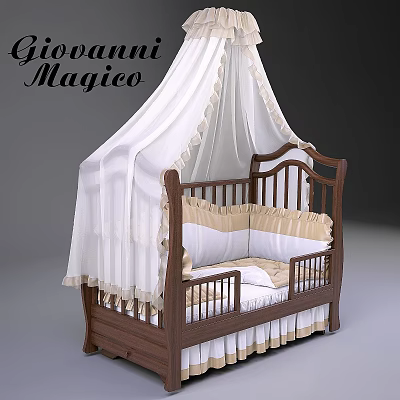 Elegant Double Bed With Wooden Frame And White Canopy Cream Decor 3d model
