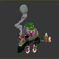 Squatting Character Wearing Green Hat Red Mask with Floating Green Biomorphic Creature and Drink Bottles