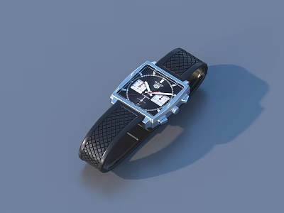 Stylish Square Dial Watch With Black Textured Strap And Silver Case 3d model